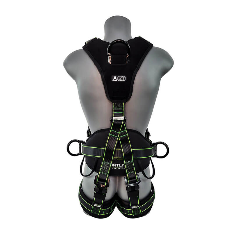 A mannequin displays the Frontline Fall Protection Frontline Elite Rescue Harness w/Aluminum Quick Connect, shown from the back with neon green stitching, padded straps, multiple attachment points, and lightweight aluminum quick connect buckles.