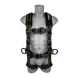 A gray mannequin torso displays the Frontline Elite Rescue Harness w/Aluminum Quick Connect by Frontline Fall Protection, featuring a black design with neon green stitching, padded straps, aluminum buckles, and side D-rings.