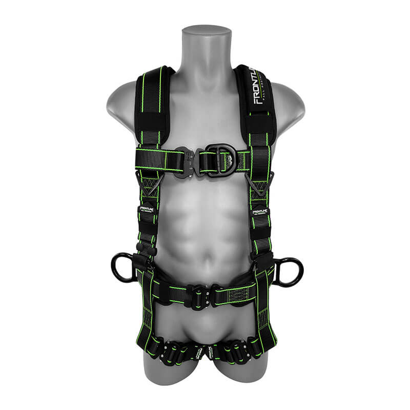 A gray mannequin torso displays the Frontline Elite Rescue Harness w/Aluminum Quick Connect by Frontline Fall Protection, featuring a black design with neon green stitching, padded straps, aluminum buckles, and side D-rings.