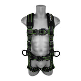 A gray mannequin torso displays the Frontline Elite Rescue Harness w/Aluminum Quick Connect by Frontline Fall Protection, featuring a black design with neon green stitching, padded straps, aluminum buckles, and side D-rings.