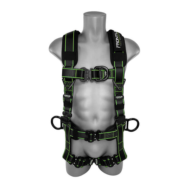 A gray mannequin torso displays the Frontline Elite Rescue Harness w/Aluminum Quick Connect by Frontline Fall Protection, featuring a black design with neon green stitching, padded straps, aluminum buckles, and side D-rings.
