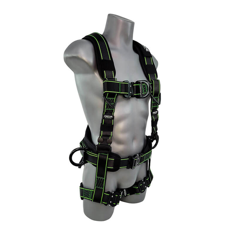 A gray mannequin torso wears the Frontline Fall Protection Elite Rescue Harness with aluminum quick connect buckles, green stitching, multiple adjustable straps, and attachment points for fall protection.