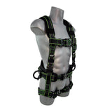 A gray mannequin torso wears the Frontline Fall Protection Elite Rescue Harness with aluminum quick connect buckles, green stitching, multiple adjustable straps, and attachment points for fall protection.