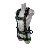 A silver mannequin torso wears the Frontline Elite Rescue Harness w/Aluminum Quick Connect by Frontline Fall Protection, a black full body harness with green stitching, aluminum quick connect buckles, and adjustable shoulder, chest, waist, and thigh straps.