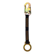 The Frontline D-Ring 18" Extension Lanyard ACEL18S by Frontline Fall Protection features a metal snaphook, black strap with orange stitching, and gold dorsal D-ring for fall protection in construction.