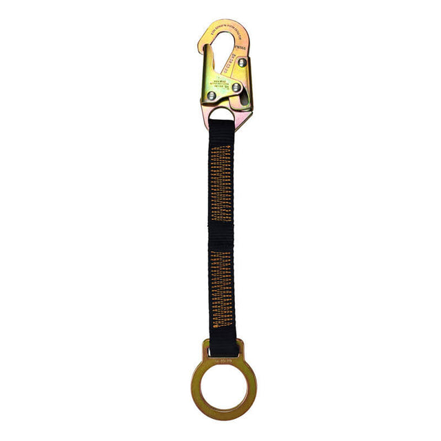 The Frontline D-Ring 18" Extension Lanyard ACEL18S by Frontline Fall Protection features a metal snaphook, black strap with orange stitching, and gold dorsal D-ring for fall protection in construction.