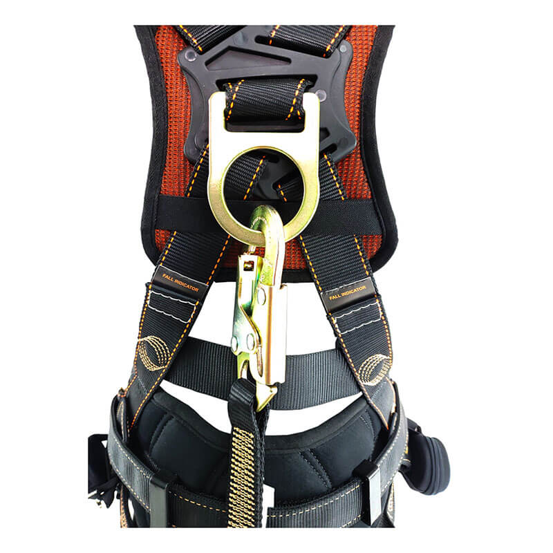 Close-up of the Frontline D-Ring 18" Extension Lanyard ACEL18S by Frontline Fall Protection, showing a metal snaphook on a reinforced dorsal D-ring with black and orange webbing, yellow stitching, and padded support.