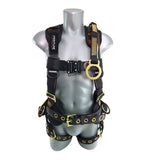 A gray mannequin wears the Frontline Fall Protection D-Ring 18" Extension Lanyard ACEL18S, featuring a black full-body harness with gold and orange accents, snaphook attachments, multiple buckles, and adjustment straps for industrial safety.