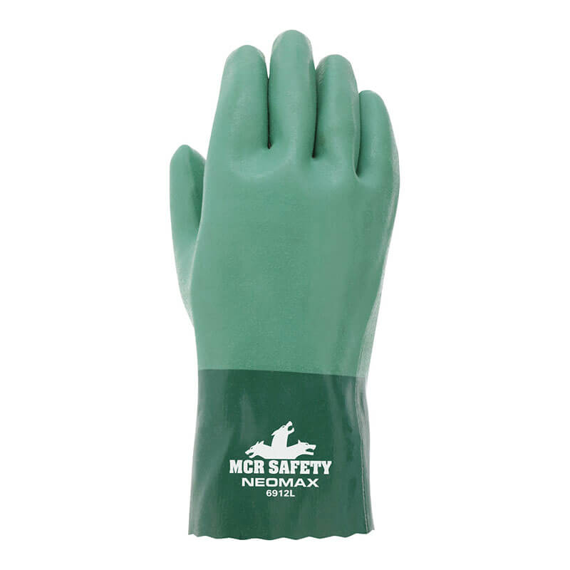 An upright green MCR Safety Neomax Neoprene Glove 6912 is shown with a smooth finish. The cuff features "MCR SAFETY NEOMAX 6912L" in white and a person and wolf logo. Sold as 12 pairs by MCR Safety.
