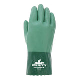 An upright green MCR Safety Neomax Neoprene Glove 6912 is shown with a smooth finish. The cuff features "MCR SAFETY NEOMAX 6912L" in white and a person and wolf logo. Sold as 12 pairs by MCR Safety.