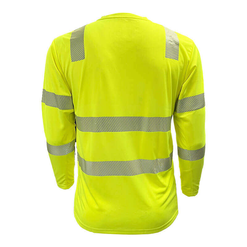 The PIP EcoChill Long Sleeve T-Shirt with Coolmax 204CMPS offers neon yellow hi-vis, ANSI Type R Class 3 compliance, silver reflective stripes for visibility, and UPF 50+ sun protection. Brand: PIP.