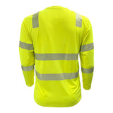 The PIP EcoChill Long Sleeve T-Shirt with Coolmax 204CMPS offers neon yellow hi-vis, ANSI Type R Class 3 compliance, silver reflective stripes for visibility, and UPF 50+ sun protection. Brand: PIP.