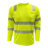 The PIP EcoChill Long Sleeve T-Shirt with Coolmax 204CMPS in hi-vis yellow meets ANSI Type R Class 3, offers UPF 50+ protection, has reflective silver stripes on the torso, arms, and shoulders, and a left chest pocket.
