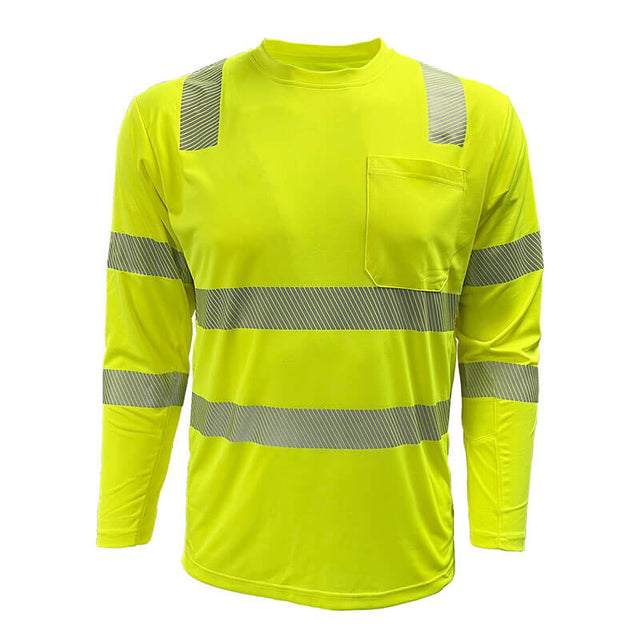 The PIP EcoChill Long Sleeve T-Shirt with Coolmax 204CMPS in hi-vis yellow meets ANSI Type R Class 3, offers UPF 50+ protection, has reflective silver stripes on the torso, arms, and shoulders, and a left chest pocket.