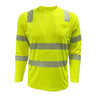 The PIP EcoChill Long Sleeve T-Shirt with Coolmax 204CMPS in hi-vis yellow meets ANSI Type R Class 3, offers UPF 50+ protection, has reflective silver stripes on the torso, arms, and shoulders, and a left chest pocket.