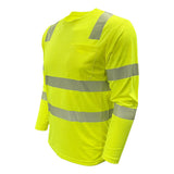 The PIP EcoChill Long Sleeve T-Shirt with Coolmax 204CMPS is a neon yellow hi-vis shirt with silver reflective stripes, chest pocket, UPF 50+, and meets ANSI Type R Class 3 safety standards for superior visibility.