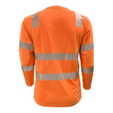 Back view of the PIP EcoChill Long Sleeve T-Shirt with Coolmax 204CMPS in bright orange by PIP, featuring horizontal and vertical reflective silver stripes. ANSI Type R Class 3 with UPF 50+ sun protection for torso and arms.