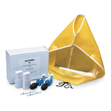 The Allegro Bitrex Respirator Fit Test Kit 2041 includes a yellow hood, white Allegro box, test solutions, squeeze bulbs, and test strips for OSHA-compliant N95 respirator fit testing.