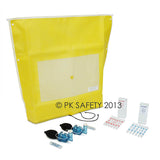 The Allegro Bitrex Respirator Fit Test Kit 2041 by Allegro includes a yellow pouch, two black masks with blue valves, small ampoules for fit testing, and two boxes of extra medical supplies.