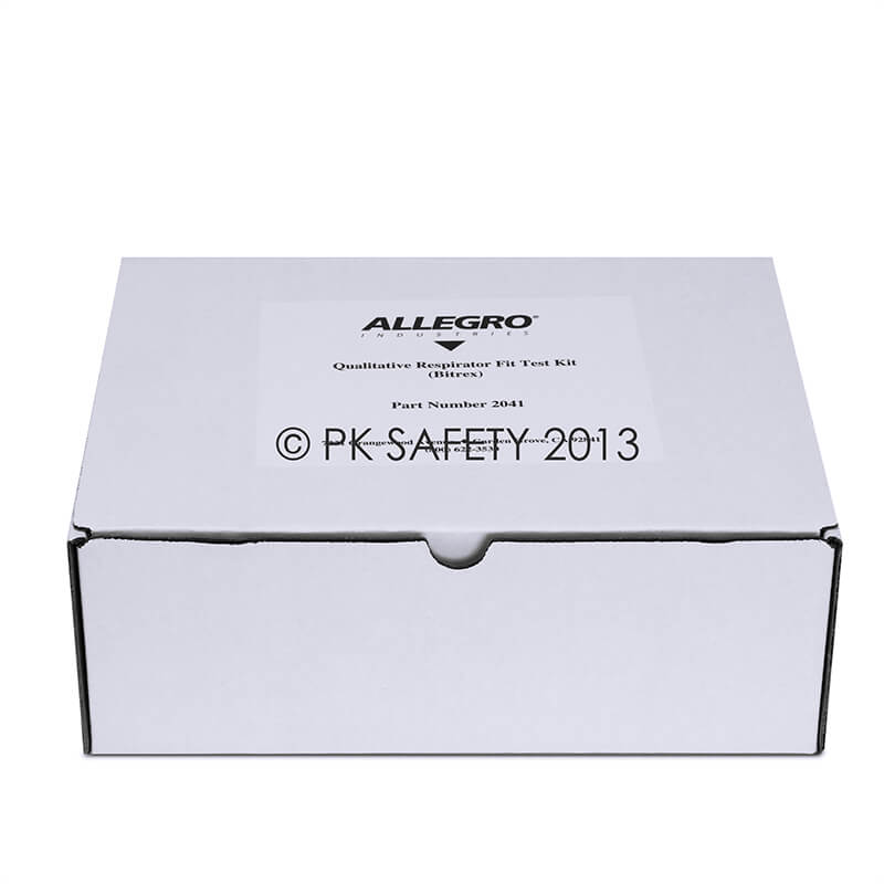 A white box labeled "Allegro Bitrex Respirator Fit Test Kit 2041" by Allegro, designed for N95 fit testing, is closed and set against a white background.