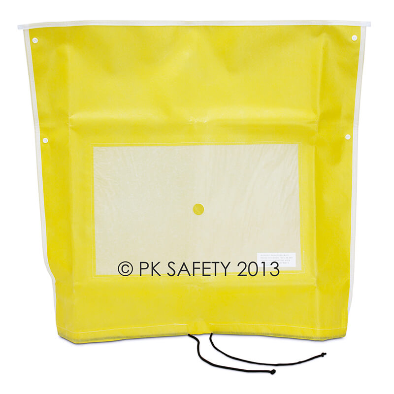 The Allegro Bitrex Respirator Fit Test Kit 2041 from Allegro features a yellow protective bag with a clear center window, small round OSHA fit-test hole, white edges, metal-reinforced grommets, and black drawstrings—perfect for kit or NIOSH respirator storage.
