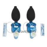 The Allegro Bitrex Respirator Fit Test Kit 2041 by Allegro includes two blue and black masks with air bulbs and white mouthpieces, each in a clear case with accessories—ideal for OSHA fit testing or for use with NIOSH-approved respirators.