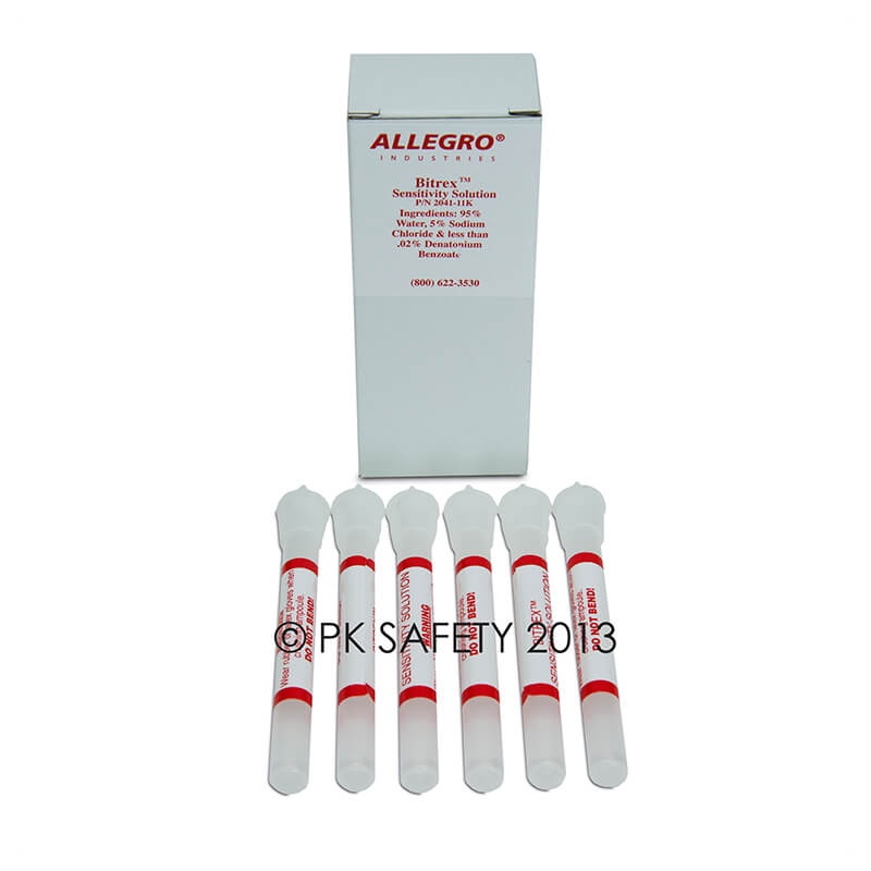 Six sealed ampoules with red labels are displayed in front of an Allegro box labeled "Bitrex Sensitivity Solution," from the Allegro Bitrex Respirator Fit Test Kit 2041 used for OSHA-compliant fit testing. The background is plain white.