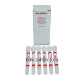 Six sealed ampoules with red labels are displayed in front of an Allegro box labeled "Bitrex Sensitivity Solution," from the Allegro Bitrex Respirator Fit Test Kit 2041 used for OSHA-compliant fit testing. The background is plain white.