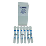 Six blue and white vials are displayed before an Allegro box labeled "Bitrex Fit Test Solution," part of the OSHA-compliant Allegro Bitrex Respirator Fit Test Kit 2041 for NIOSH respirators.