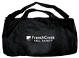 The French Creek Production Carry Bag 208Z is a black duffel bag adorned with the "FrenchCreek Fall Safety" logo and shield emblem, ideal for storing safety equipment. This durable tool bag includes sturdy black handles and a reliable zipper closure to keep your safety tools organized and secure.