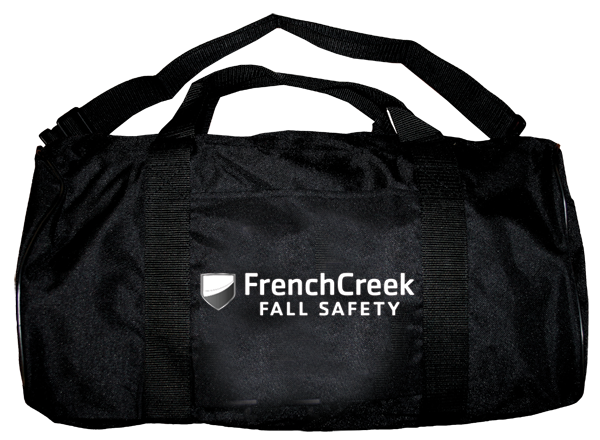 The French Creek Production Carry Bag 208Z is a black duffel bag adorned with the "FrenchCreek Fall Safety" logo and shield emblem, ideal for storing safety equipment. This durable tool bag includes sturdy black handles and a reliable zipper closure to keep your safety tools organized and secure.