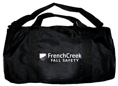 The French Creek Production Carry Bag 208Z is a black duffel bag adorned with the "FrenchCreek Fall Safety" logo and shield emblem, ideal for storing safety equipment. This durable tool bag includes sturdy black handles and a reliable zipper closure to keep your safety tools organized and secure.