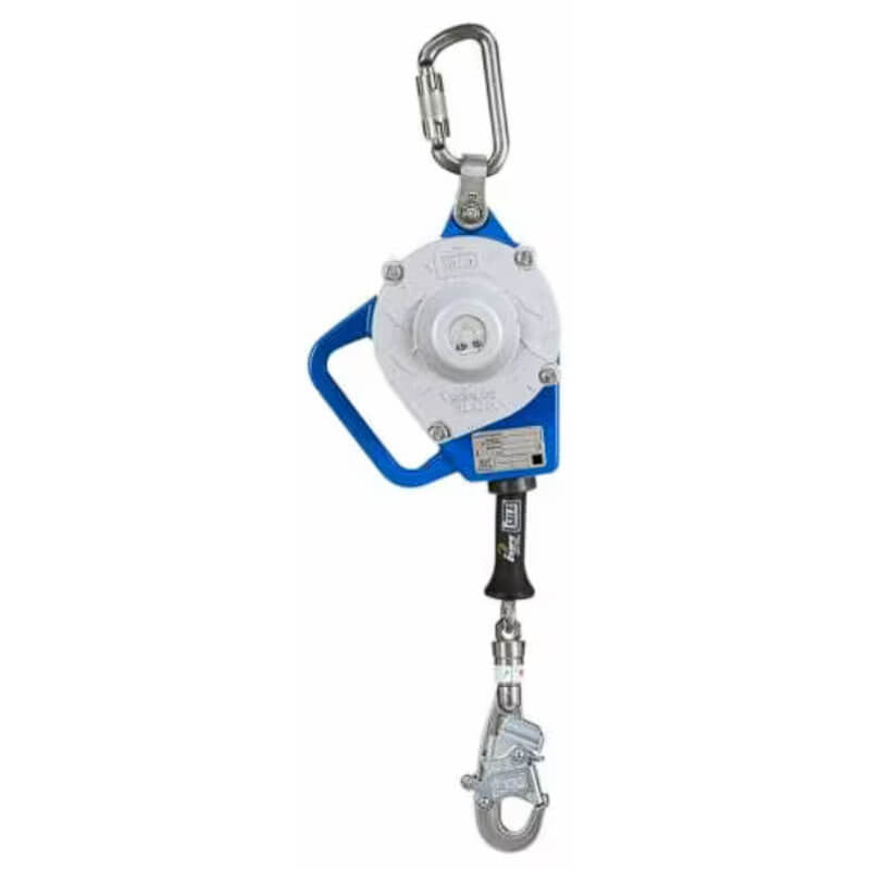 This image showcases the 3M DBI-SALA Sealed-Blok SRL with a blue and white casing. It includes a metal safety hook attached to a 15 ft stainless steel cable, featuring an IP-69K rated carabiner for secure attachment to safety harnesses. The design includes a handle for easy carrying, embodying the reliable protection from 3M DBI-SALA Fall Protection.