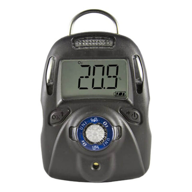 The mPower Electronics UNI MP100 O2 Single Gas Detector M001-0032-000 is a sophisticated black device featuring a digital display that reads "20.9." This easy-to-carry detector is equipped with control buttons and a centrally located sensor perfect for assessing oxygen levels. Its compact design includes a metal clip at the top for convenient attachment, making it an excellent choice as a personal gas monitor.