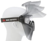 The MCR Hydroblast HB4 Goggle and Face Shield, featuring an adjustable black headband emblazoned with "MCR Safety," is gracefully presented on a mannequin head. This anti-fog and dielectric construction combo provides adaptable multi-position coverage to suit your requirements.