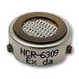 The product is a small, round metallic sensor with a mesh covering on top labeled "NCR-6309 Ex da." It resembles an industrial component likely used for gas detection and is compatible as an RKI LEL replacement sensor for gas monitors such as the GX-3R Pro. This product is named RKI Replacement LEL Sensor NCR-6309 and is manufactured by RKI Instruments.