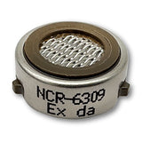 Close-up of a small, circular RKI Replacement LEL Sensor NCR-6309. This sensor is labeled "NCR-6309 Ex da" and features a metal mesh grid on top and a metallic casing with engraved text, making it ideal for use in GX-3R Pro gas monitors.