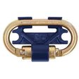 The 3M DBI-SALA Fall Protection DBI-SALA Nano-Lok Twin Leg Anchorage Connector 3100087 is a metal carabiner with a gold finish and navy blue details. It features a secure locking mechanism, integrated handle, and structural support bar for robust construction, making it perfect for achieving 100 percent tie-off safety.