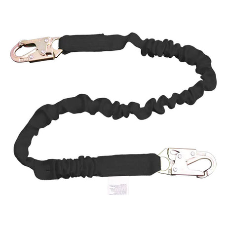 The French Creek Production Stratos 6' Elastic Tubular Shock Absorbing Lanyard is a black safety lanyard with metal snap hooks on both ends, designed for reliable fall protection in construction or industrial use.