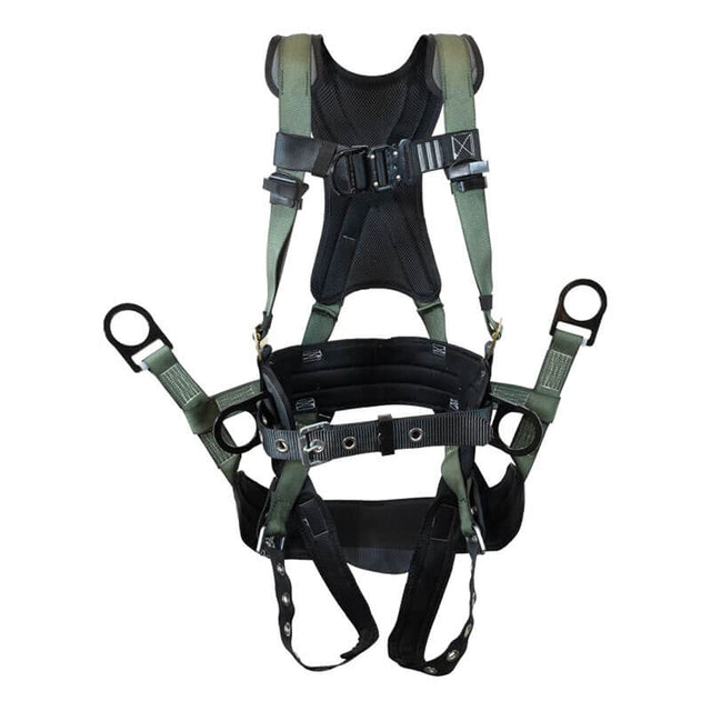 The French Creek Production Stratos Series Harness 22850BH-ALT offers padded shoulder straps, metal rings, adjustable buckles, and waist support for fall protection in construction or industrial applications.