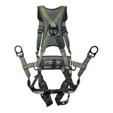 The French Creek Production Stratos Series Harness 22850BH-ALT provides adjustable green and black straps, metal D-rings, and padding for reliable fall protection in construction or industrial environments.