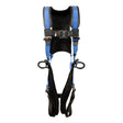 The French Creek Production 22AL670B-BLUE Stratos Full Body Harness features blue and black straps, strong metal buckles, and loops for dependable fall protection. Shown against a white background.