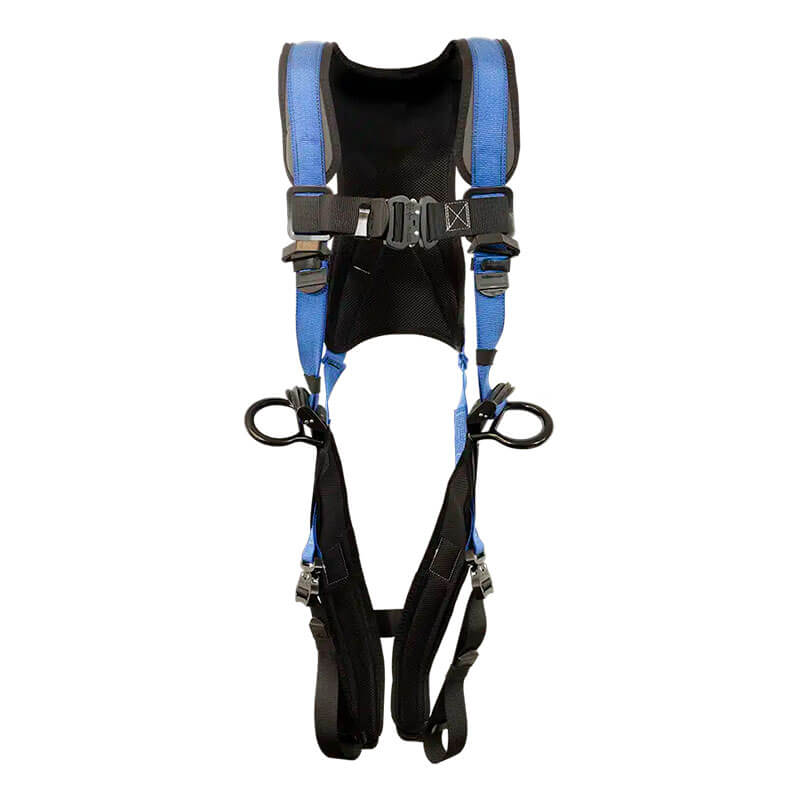 The French Creek Production 22AL670B-BLUE Stratos Full Body Harness features blue and black straps, strong metal buckles, and loops for dependable fall protection. Shown against a white background.