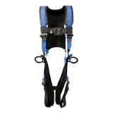 The French Creek Production 22AL670B-BLUE Stratos Full Body Harness features blue and black straps, strong metal buckles, and loops for dependable fall protection. Shown against a white background.