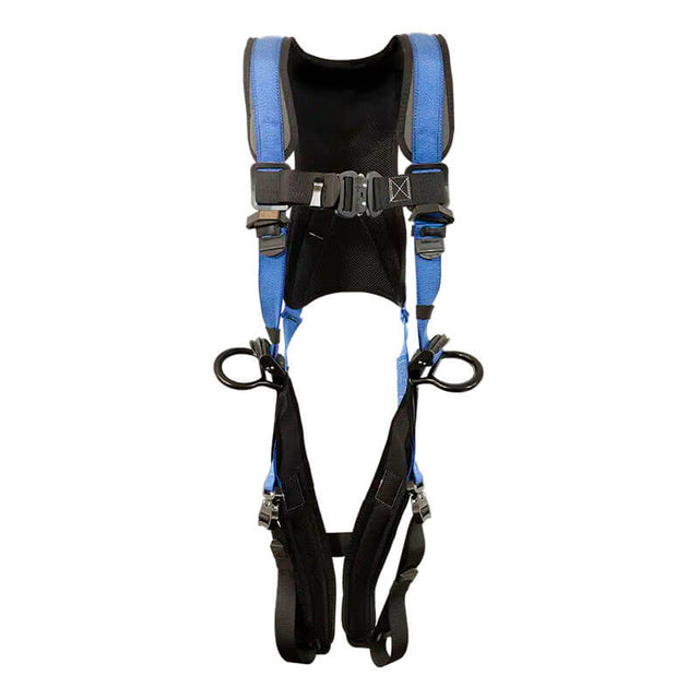 The French Creek Production 22AL670B-BLUE Stratos Full Body Harness features blue and black straps, strong metal buckles, and loops for dependable fall protection. Shown against a white background.