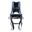 The French Creek Production 22AL870B-BLUE Stratos Full Body Harness is a blue and black lightweight safety harness with padded straps, waist belt, leg loops, adjustable buckles, and aluminum D-rings for fall protection or climbing.