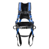The French Creek Production 22AL870B-BLUE Stratos Full Body Harness is a blue and black lightweight safety harness with padded straps, waist belt, leg loops, adjustable buckles, and aluminum D-rings for fall protection or climbing.