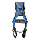 The French Creek Production 22AL870B-BLUE Stratos Full Body Harness features blue and black straps, padding, adjustable buckles, and aluminum D-rings for lightweight fall protection in construction or industrial settings.