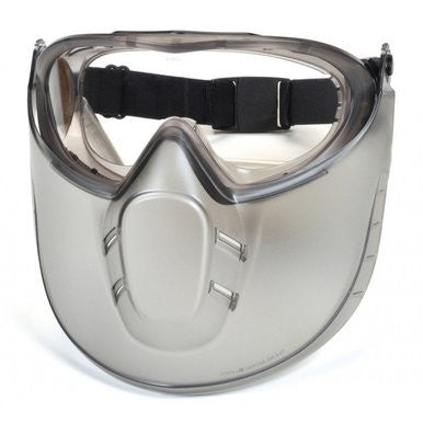 The Pyramex Capstone Combination Goggles and Face Shield by Pyramex Safety provides chemical splash protection with a clear upper section, silver lower portion, and an adjustable black strap for comfort.