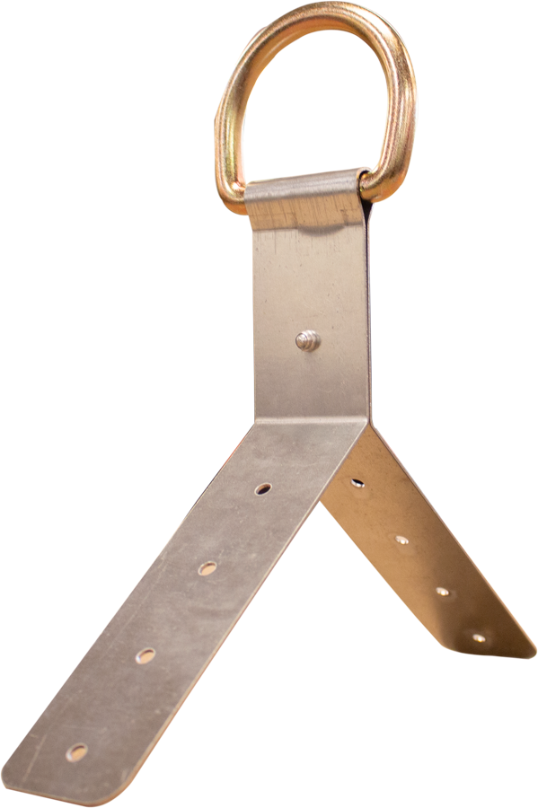 A French Creek Production roof anchor crafted from zinc-plated alloy steel with three flat arms featuring multiple holes, converging at a central joint. A golden D-ring is attached at the top, positioned vertically. Ideal for fall protection, this French Creek Disposable Roof Anchor w/Single D-Ring 1725 stands on a neutral background.